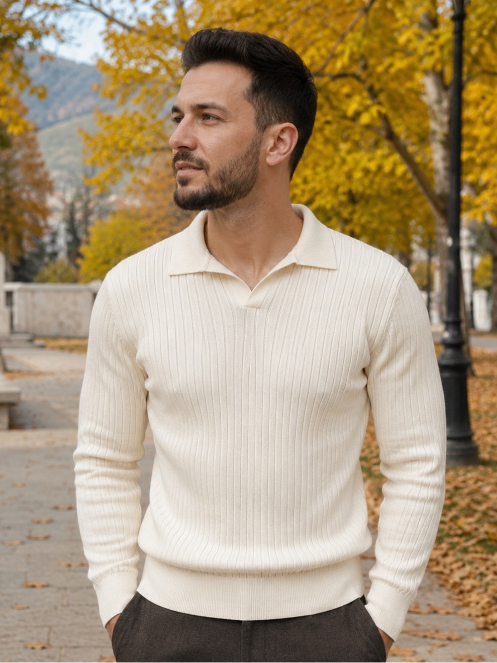 DAZY Men's M Apricot Cream Ribbed Knit Polo Collar Long Sleeve Sweater